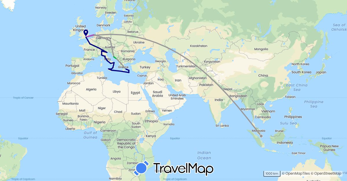 TravelMap itinerary: driving, bus, plane, train in Czech Republic, France, United Kingdom, Greece, Croatia, Italy, Netherlands, Singapore (Asia, Europe)